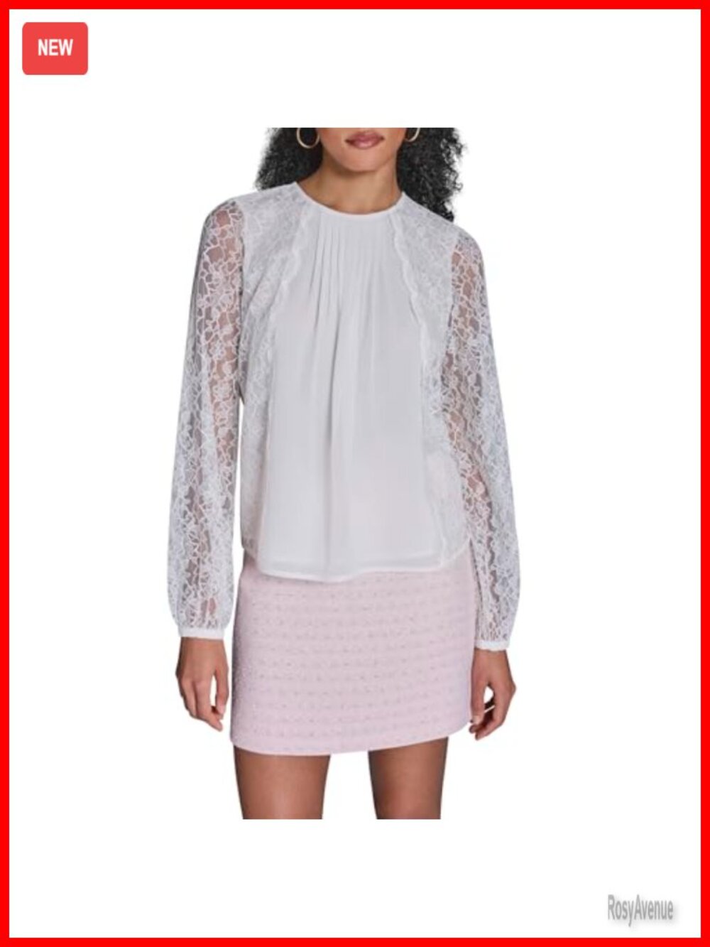 Woven Long Sleeve Lace Mixed Media Blouse Crew Neck Balloon Sleeve Top
